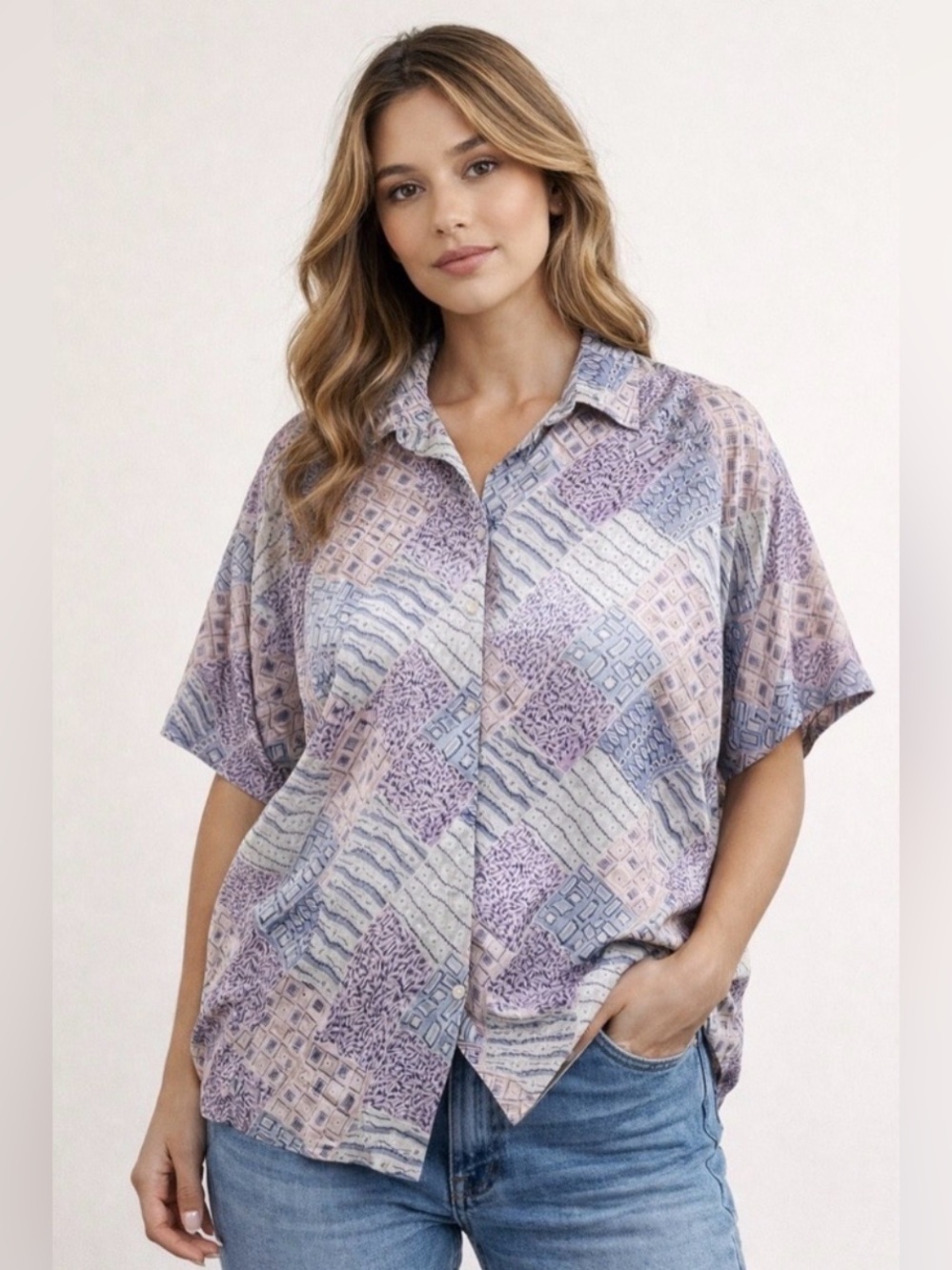 Bogari 100% Silk Vintage Abstract Patchwork Button Up Shirt Size S
